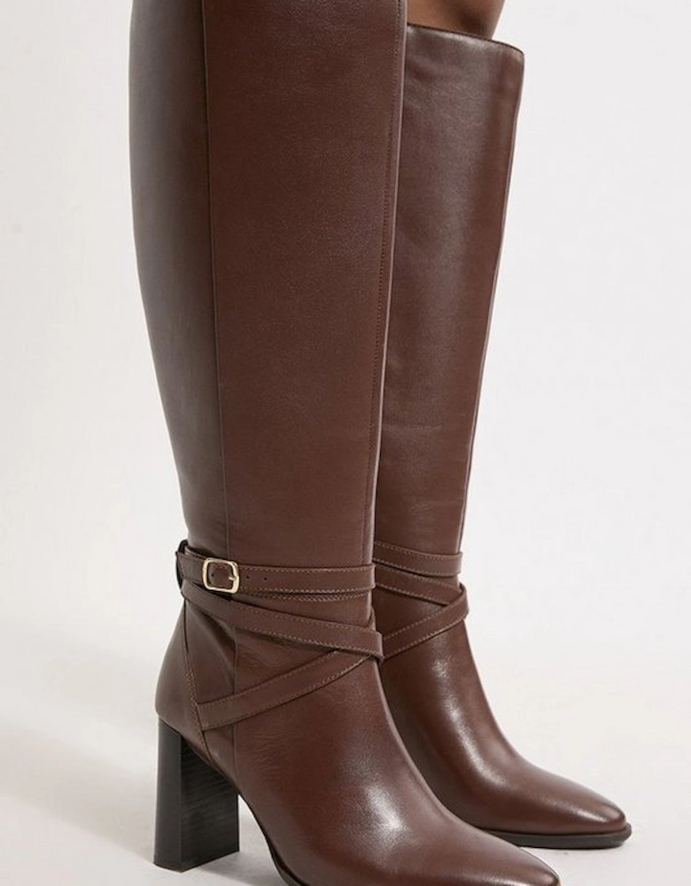 Leather Heeled Buckle Detail Knee High