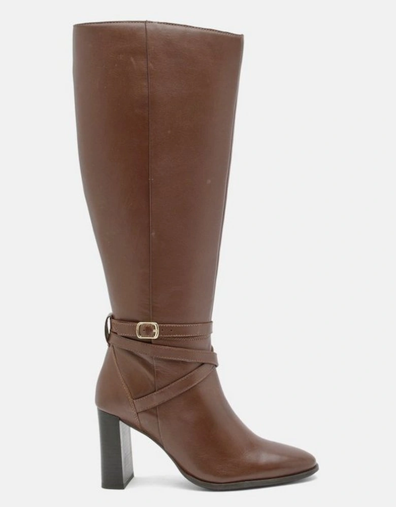 Leather Heeled Buckle Detail Knee High