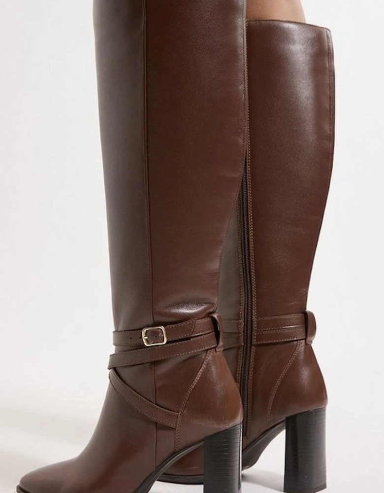 Leather Heeled Buckle Detail Knee High