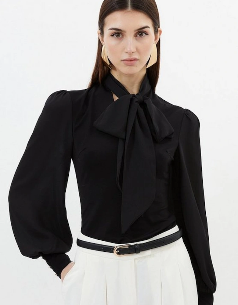 Jersey Ponte And Georgette Mix Tie Neck Long Sleeve Bodysuit