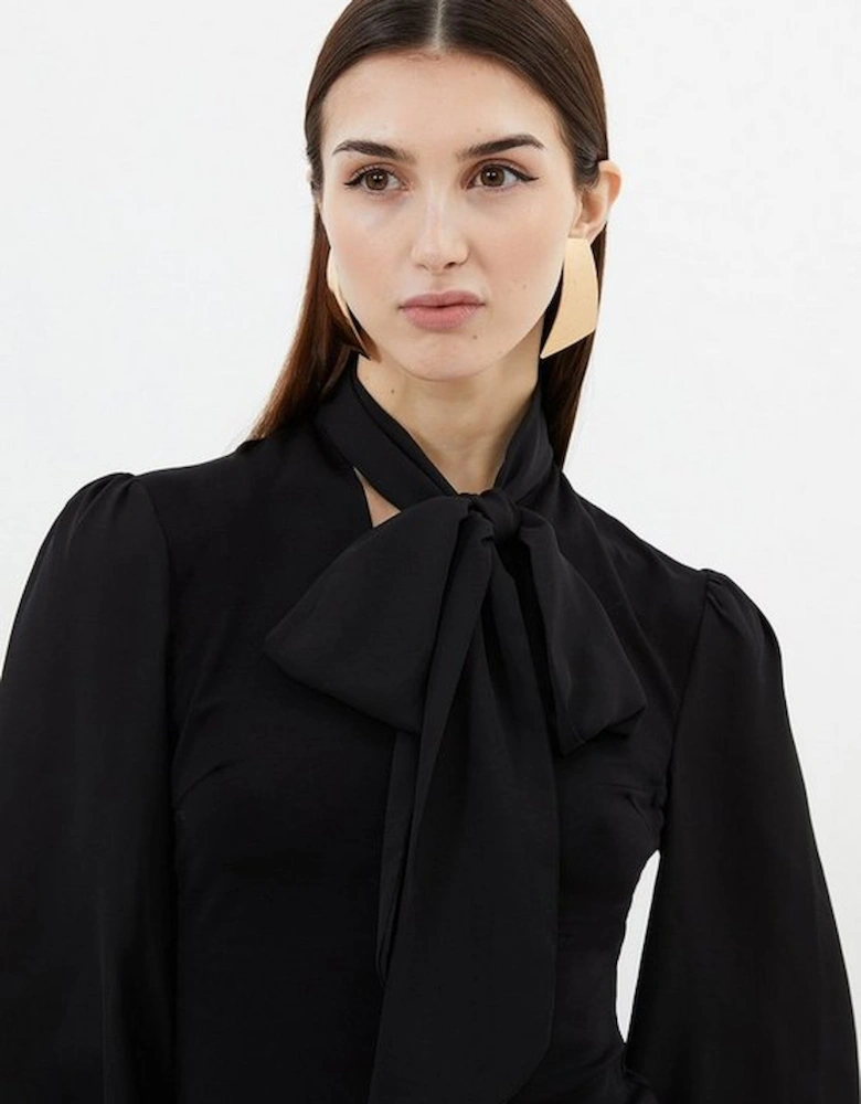Jersey Ponte And Georgette Mix Tie Neck Long Sleeve Bodysuit