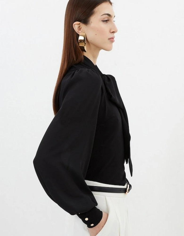 Jersey Ponte And Georgette Mix Tie Neck Long Sleeve Bodysuit