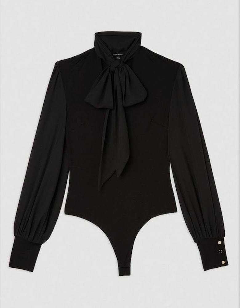Jersey Ponte And Georgette Mix Tie Neck Long Sleeve Bodysuit