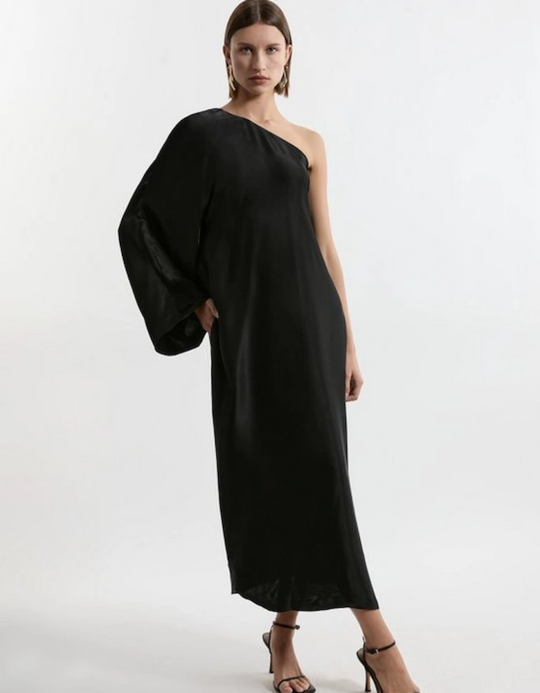 One Shoulder Draped Satin Woven Maxi Dress