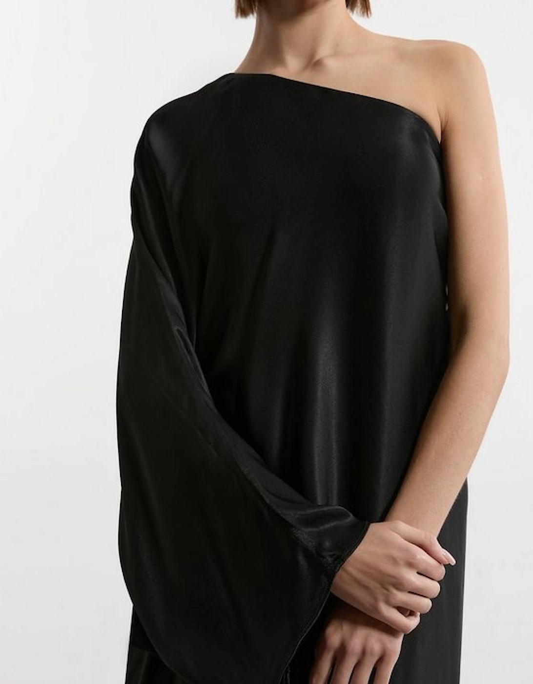 One Shoulder Draped Satin Woven Maxi Dress