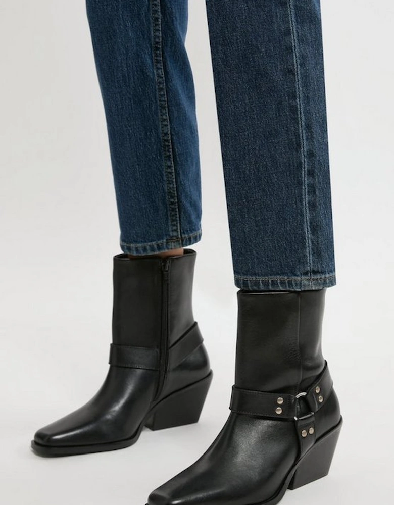 Square Toe Leather Cowboy Heeled Ankle Boot