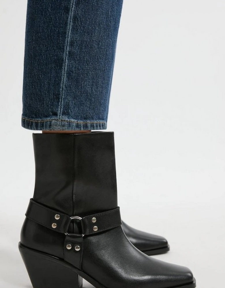 Square Toe Leather Cowboy Heeled Ankle Boot