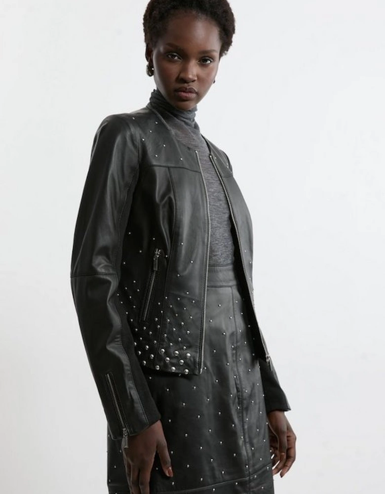 Studded Leather Collarless Biker Jacket