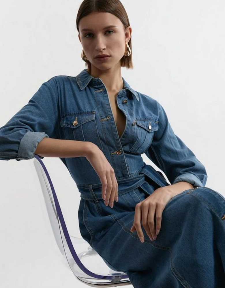 Petite Denim Tailored Collared Belted Dress