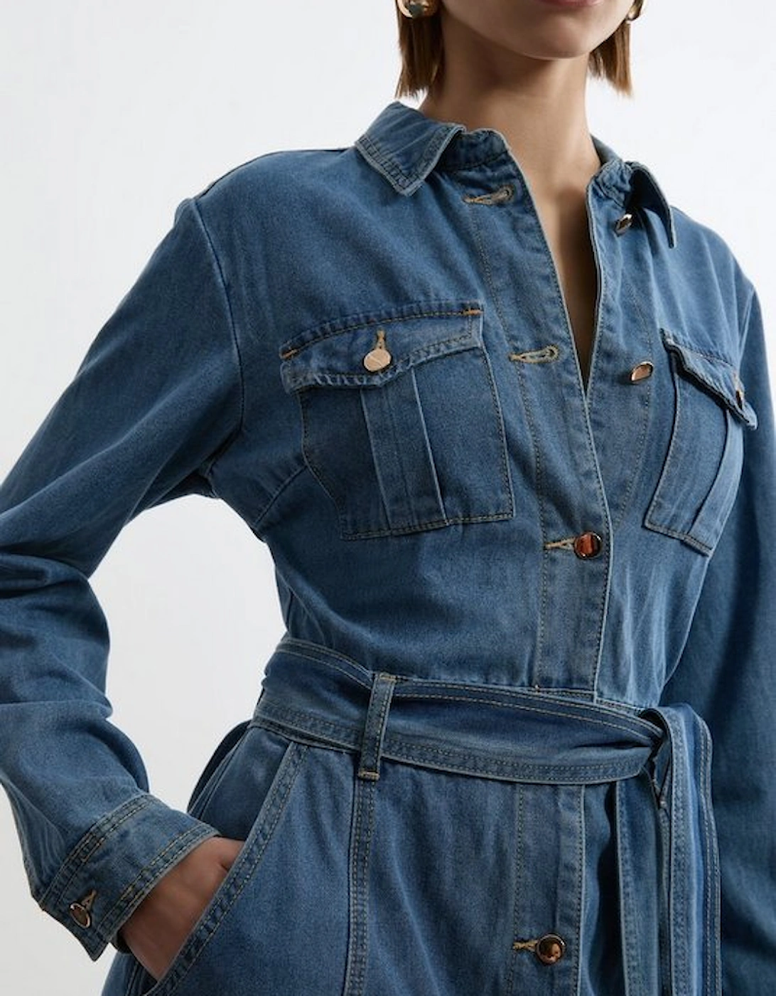 Petite Denim Tailored Collared Belted Dress