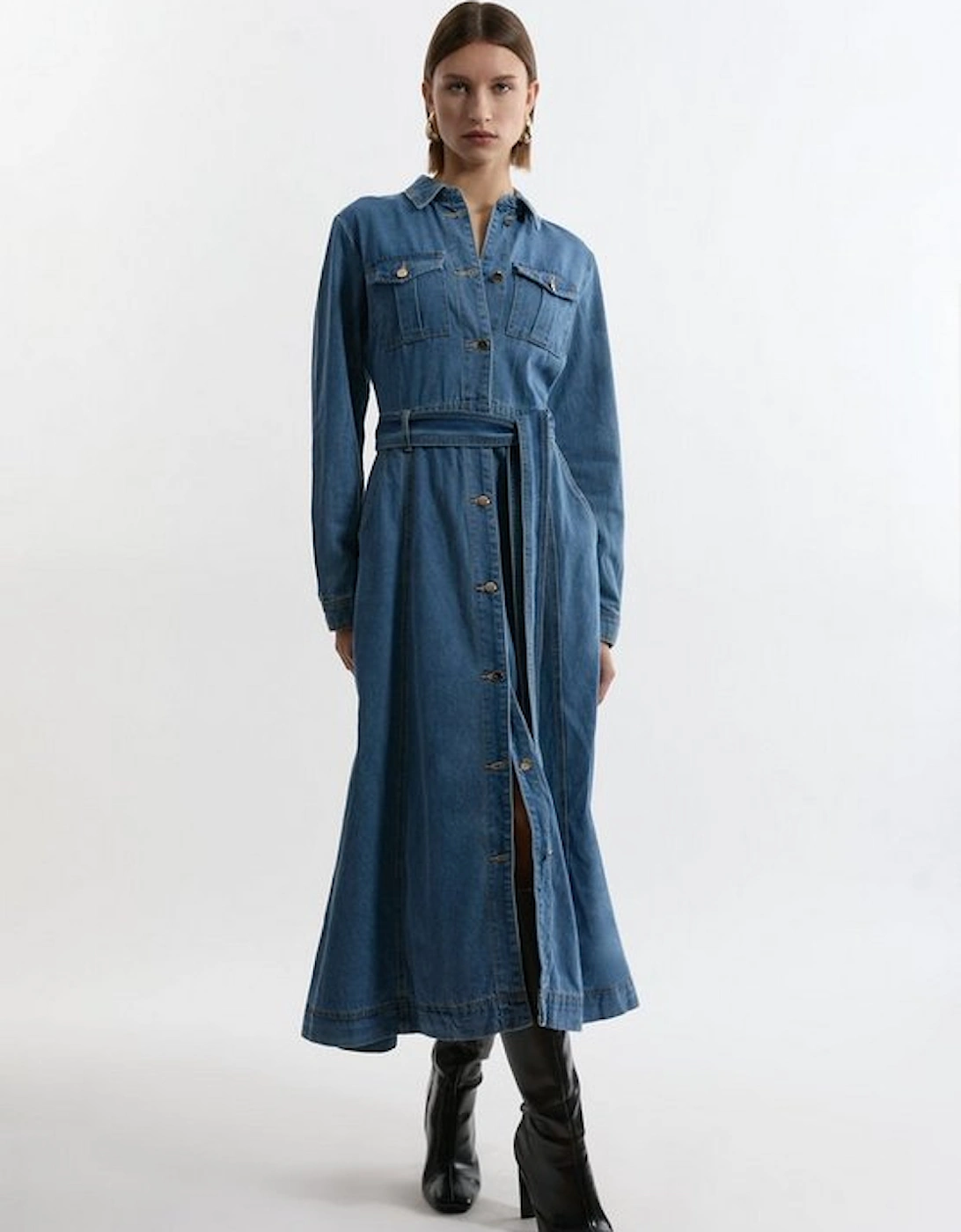 Petite Denim Tailored Collared Belted Dress