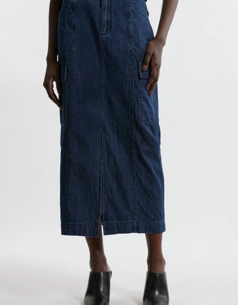 Denim Woven Cargo Pocket Tailored Midi Skirt