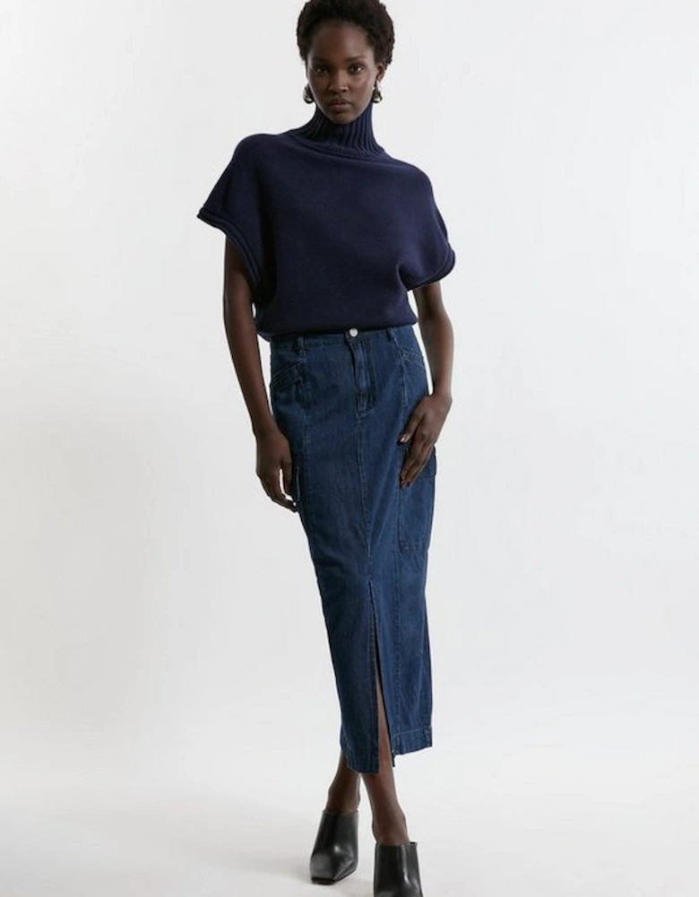 Denim Woven Cargo Pocket Tailored Midi Skirt