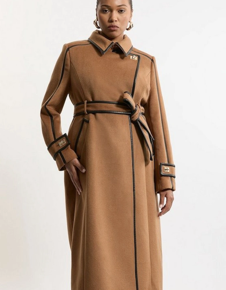 Plus Size Wool Blend Pu Trim Belted Tailored Double Breasted Coat