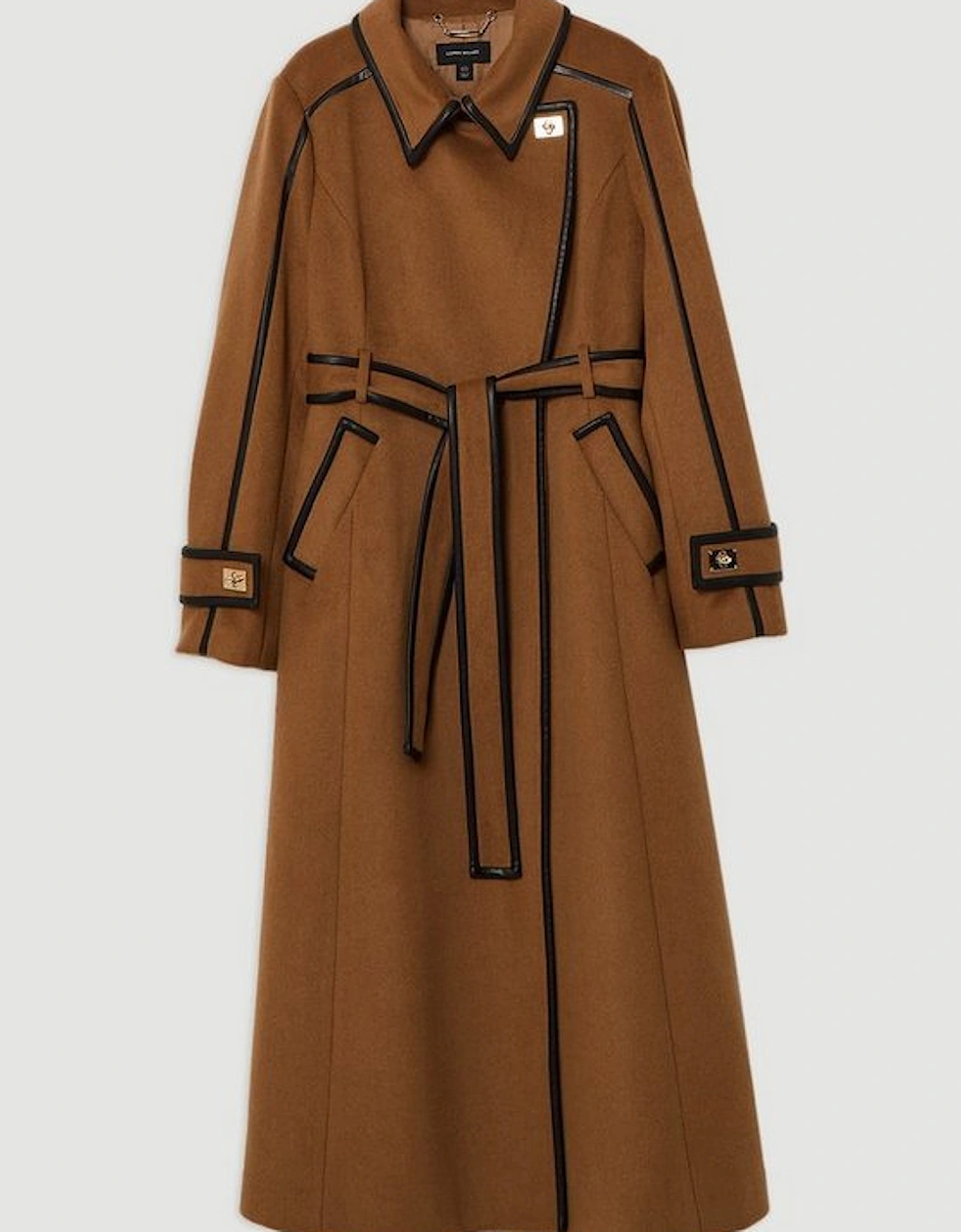 Plus Size Wool Blend Pu Trim Belted Tailored Double Breasted Coat