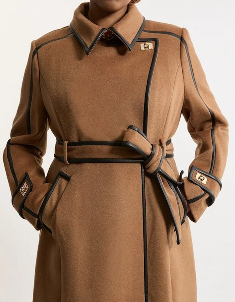 Plus Size Wool Blend Pu Trim Belted Tailored Double Breasted Coat