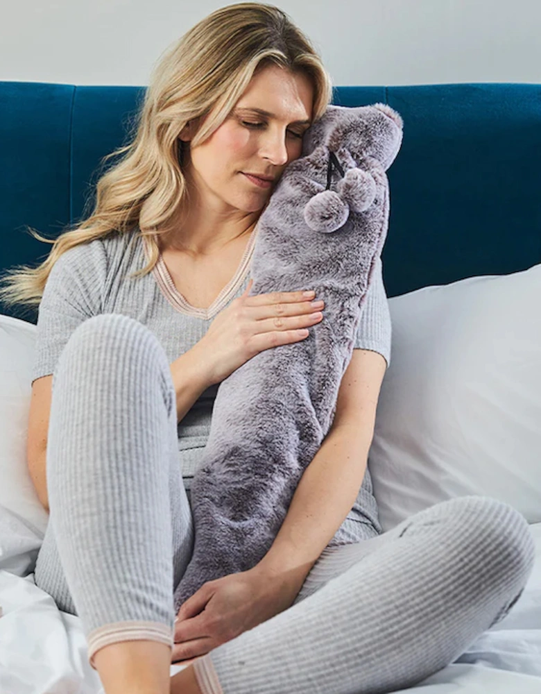 Rolled Long Hot Water Bottle with Marshmallow Grey Fur