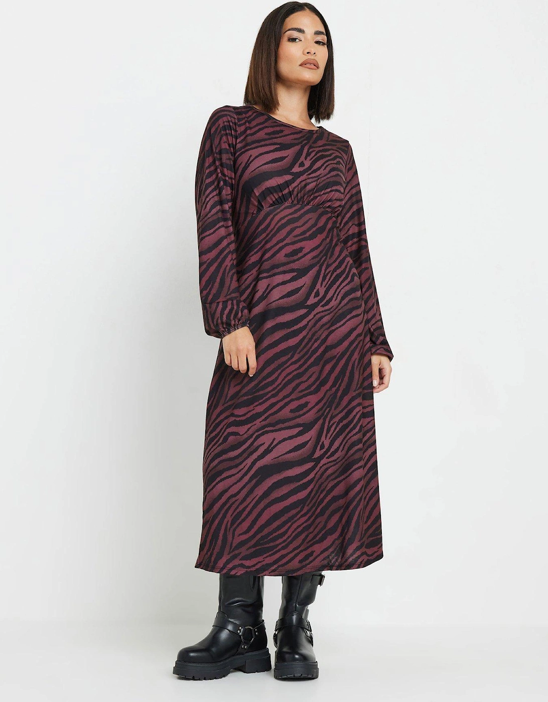 Petite Zebra Long Sleeve Midi Dress - Red, 2 of 1