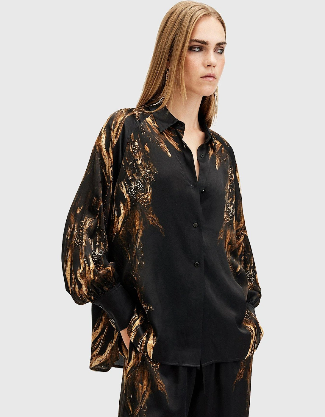 Oana Silk Blend Printed Shirt - Black, 6 of 5