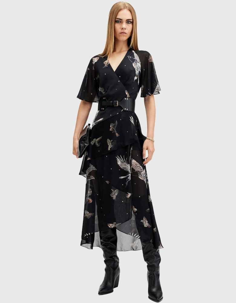 Alana Printed Wrap Over Midi Dress - Black