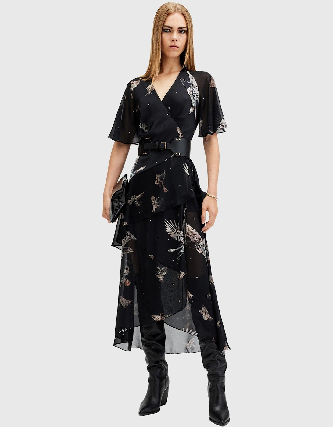 Alana Printed Wrap Over Midi Dress - Black, 7 of 6