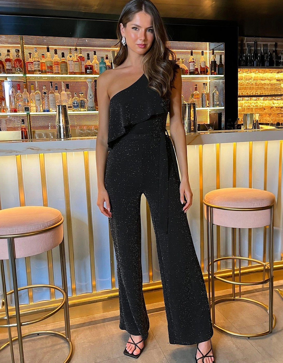 Sparkle One Shoulder Frill Belted Jumpsuit - Black, 5 of 4