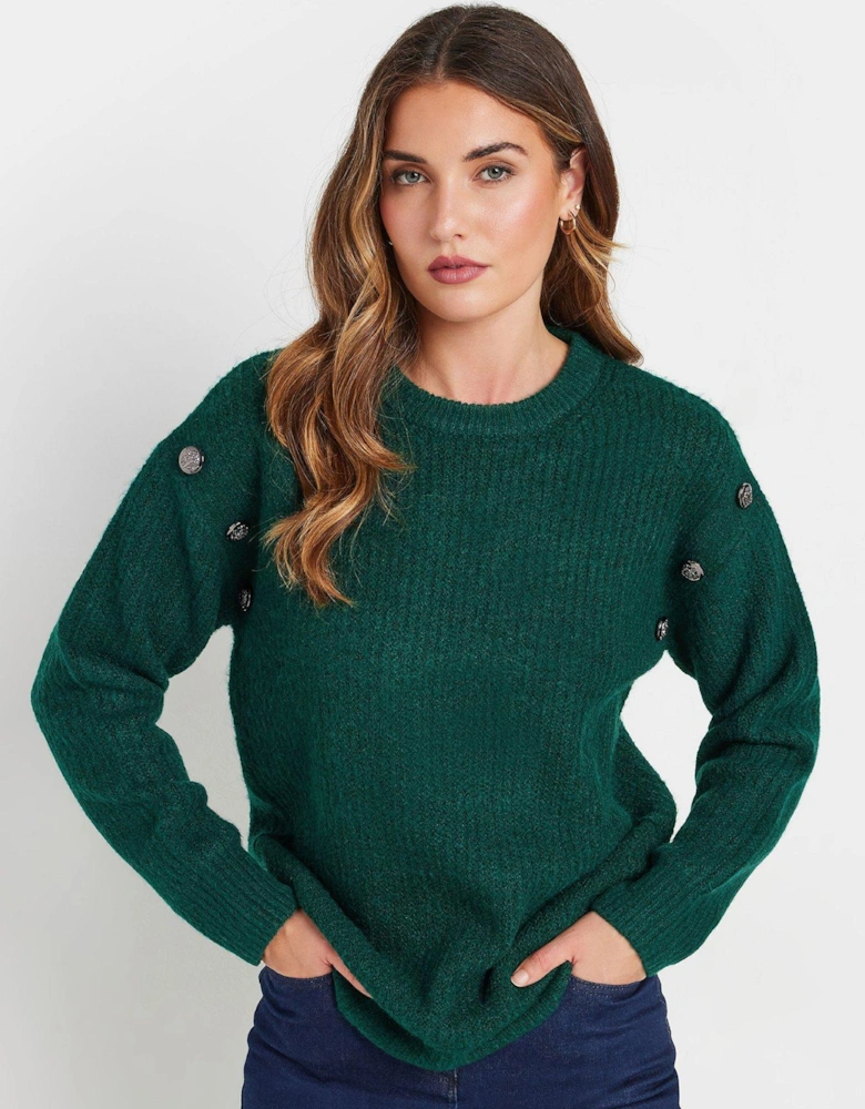 Button Shoulder Cable Knit Jumper - Green