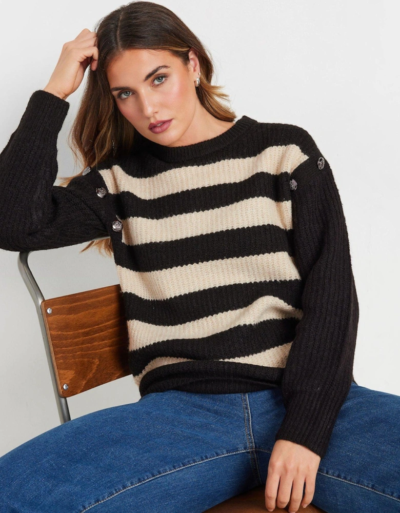 Button Shoulder Cable Knit Jumper - Black