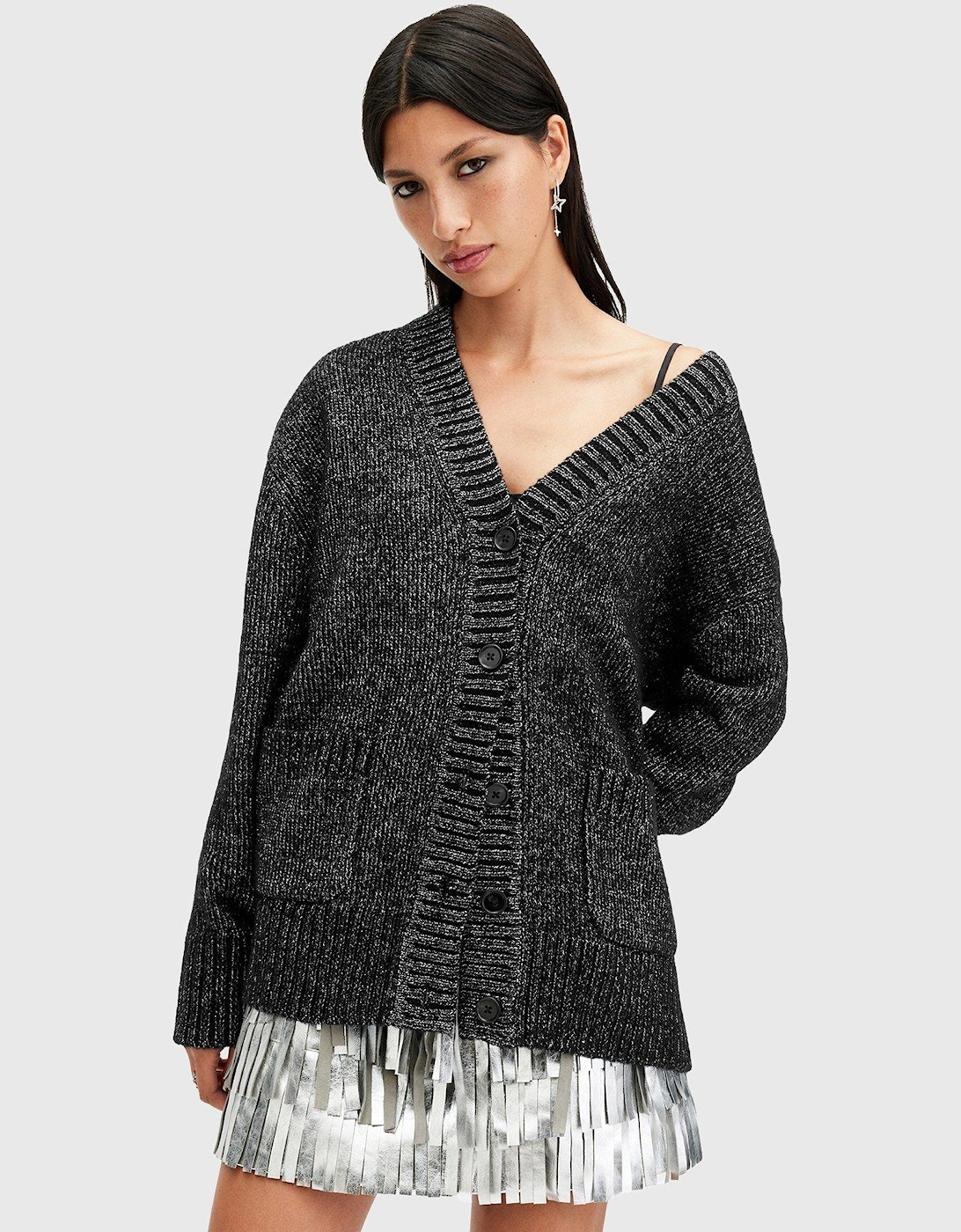 Sabrina Metallic Relaxed Fit Cardigan - Black, 6 of 5