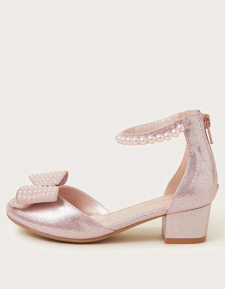 Girls Pearl Bow Glitter Heels - Pink