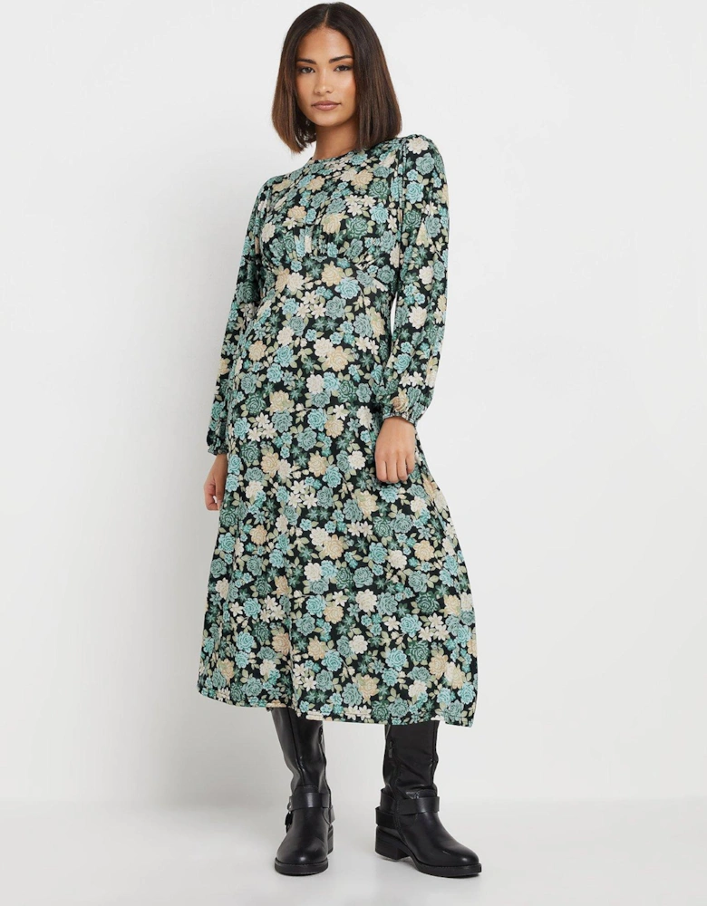 Petite Floral Empire Long Sleeve Midi Dress - Green