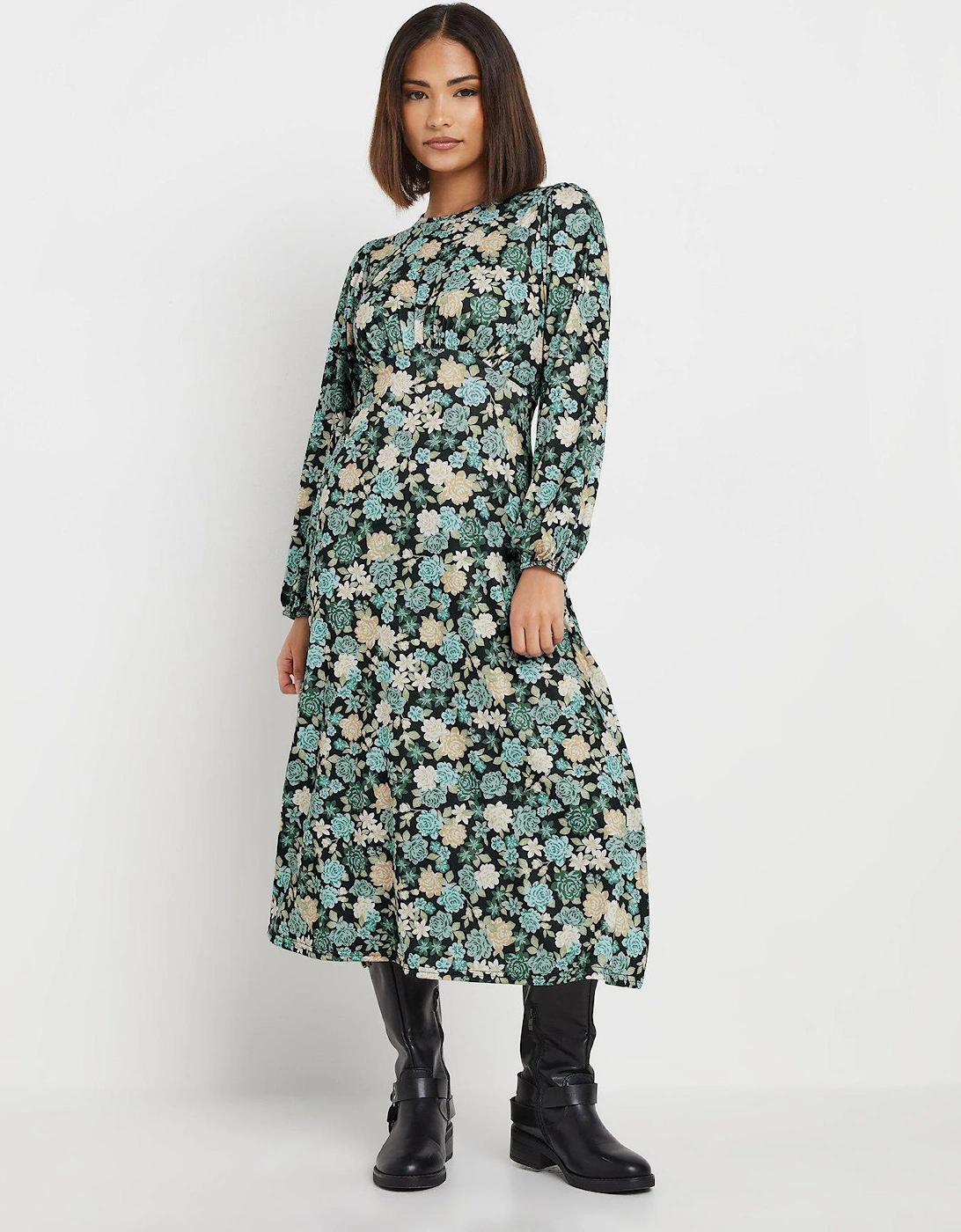 Petite Floral Empire Long Sleeve Midi Dress - Green, 2 of 1