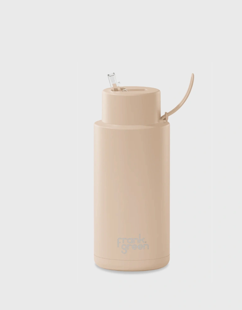 34oz Stainless Steel Ceramic Reusable Bottle with Gold Straw Lid and Strap Soft Stone