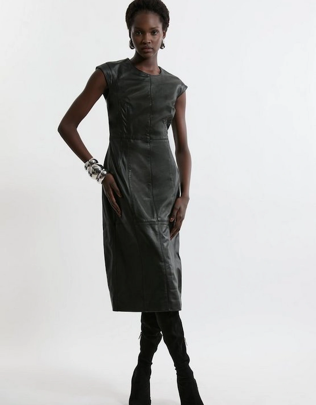 Leather Seam Detail Tailored Pencil Midi Dress, 4 of 3