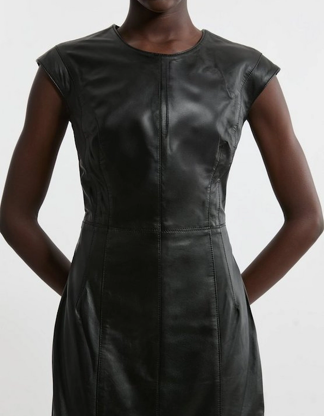 Leather Seam Detail Tailored Pencil Midi Dress