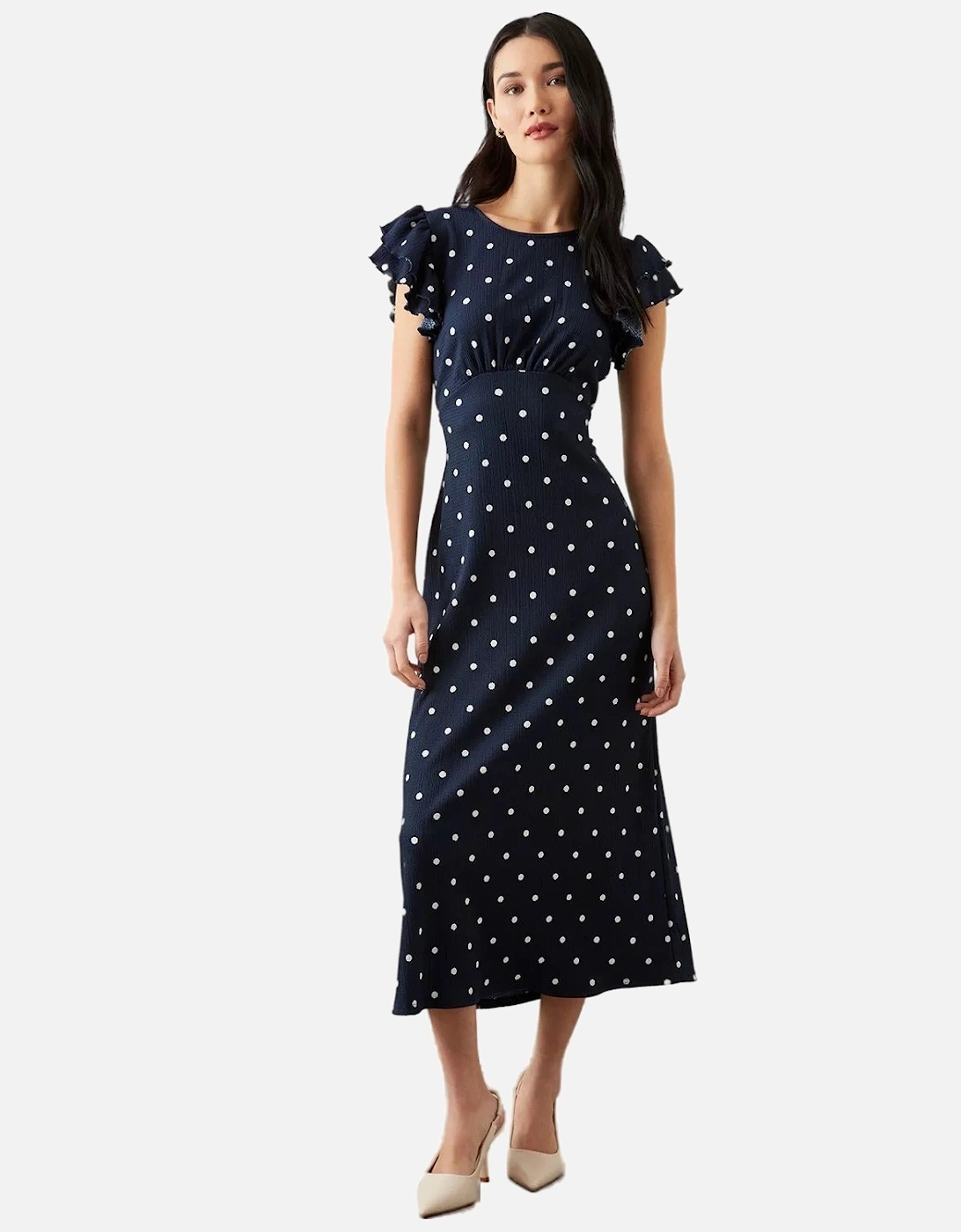 Women's Dorothy Perkins Womens/Ladies Empire Spotted Ruffle Midi Dress - Navy - Size: 14