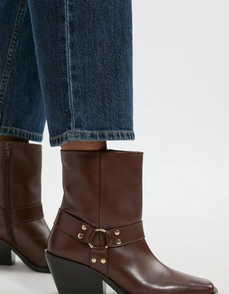 Square Toe Leather Cowboy Heeled Ankle Boot