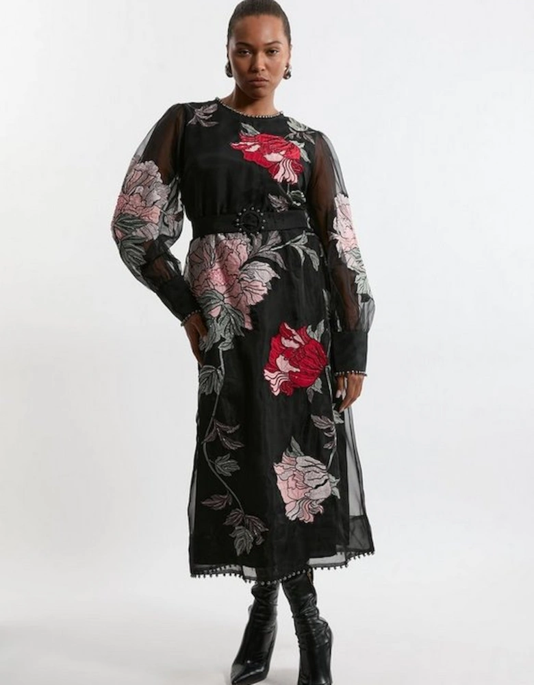 Plus Size Embroidered Organdie Woven Balloon Sleeve Maxi Dress With Beading