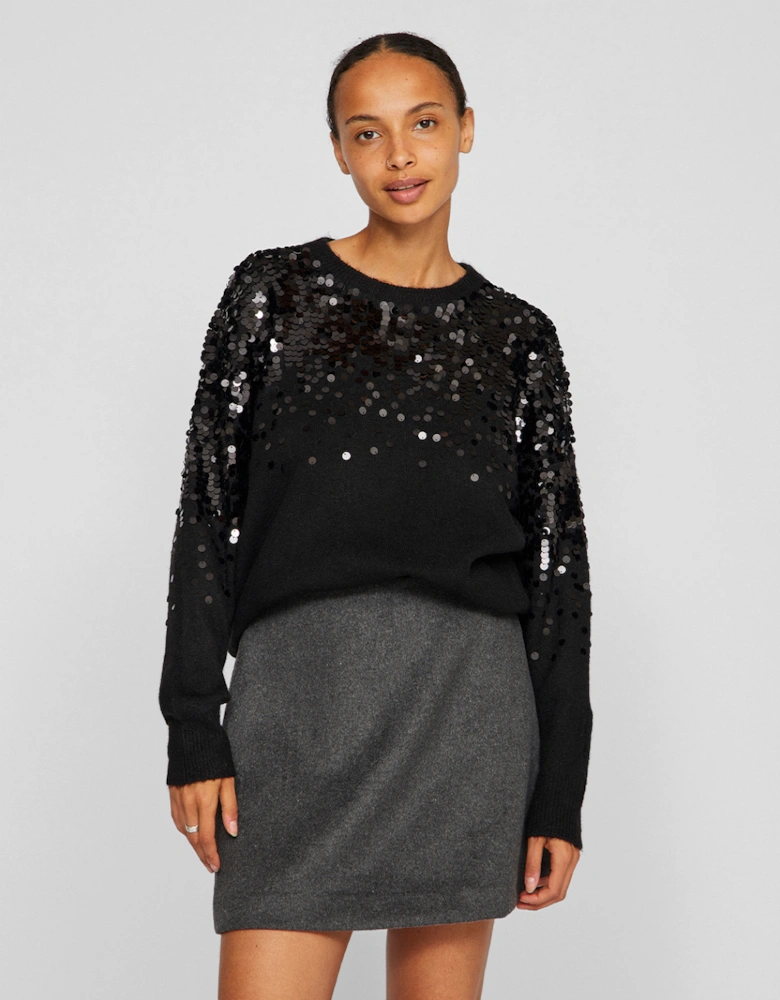 Women's Siquin Long Sleeve Sequin Knit Top Black Beauty