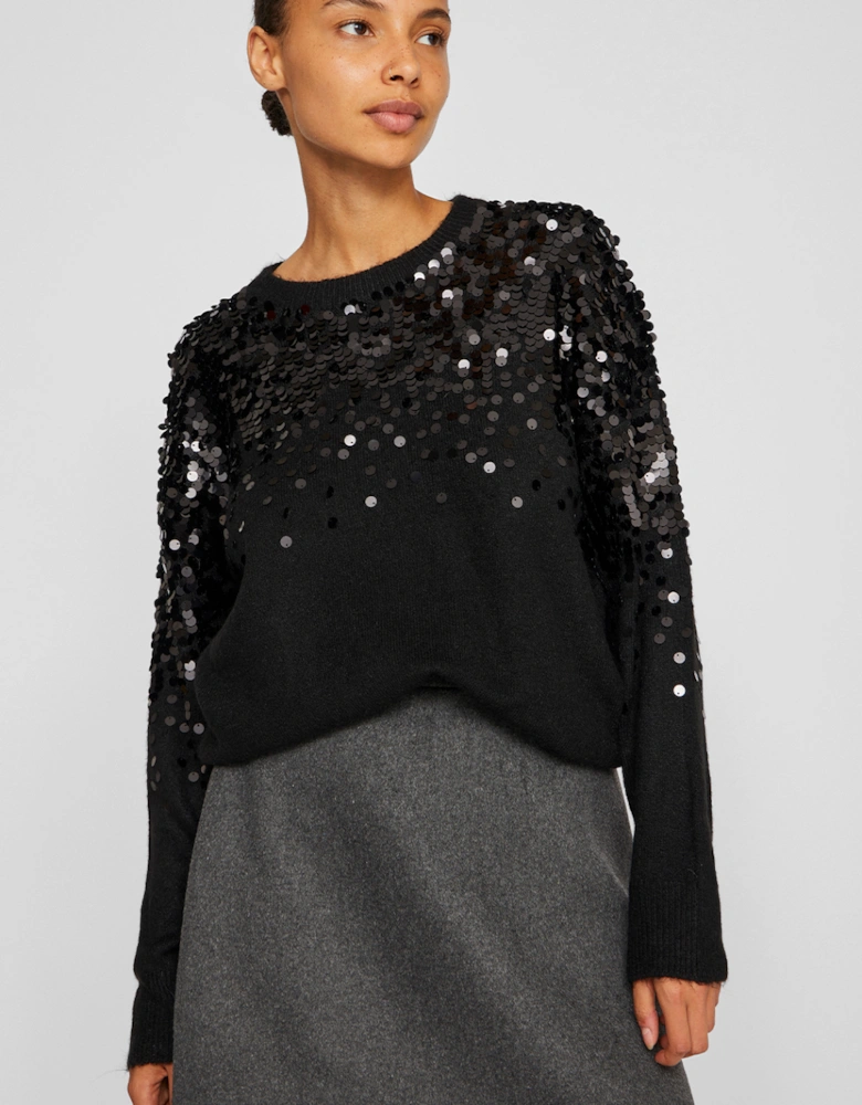 Women's Siquin Long Sleeve Sequin Knit Top Black Beauty