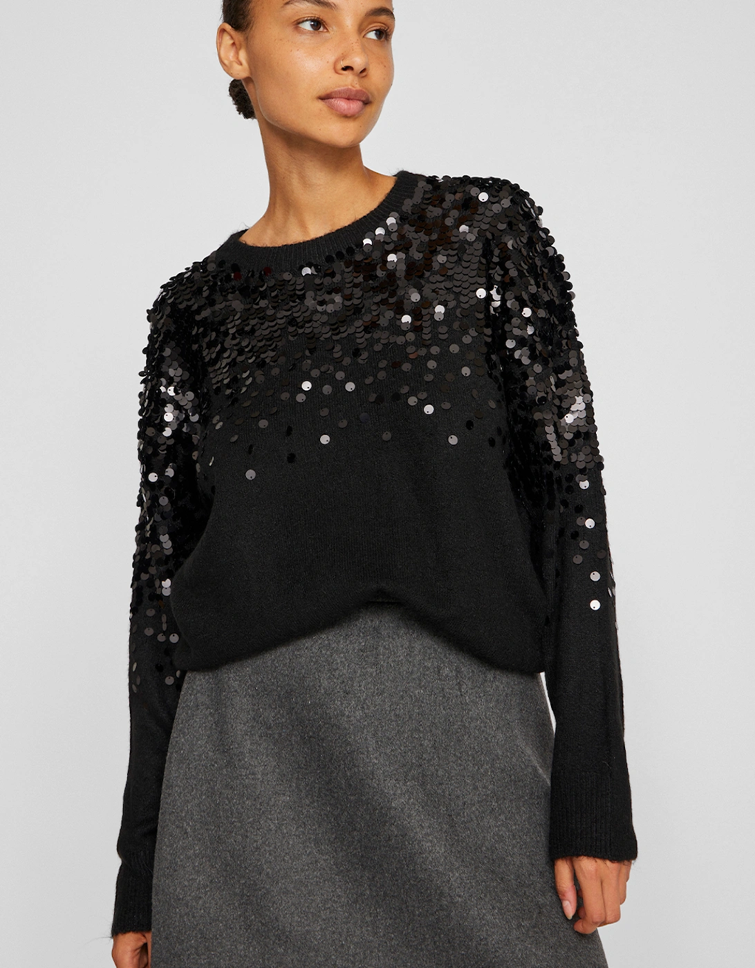 Women's Siquin Long Sleeve Sequin Knit Top Black Beauty