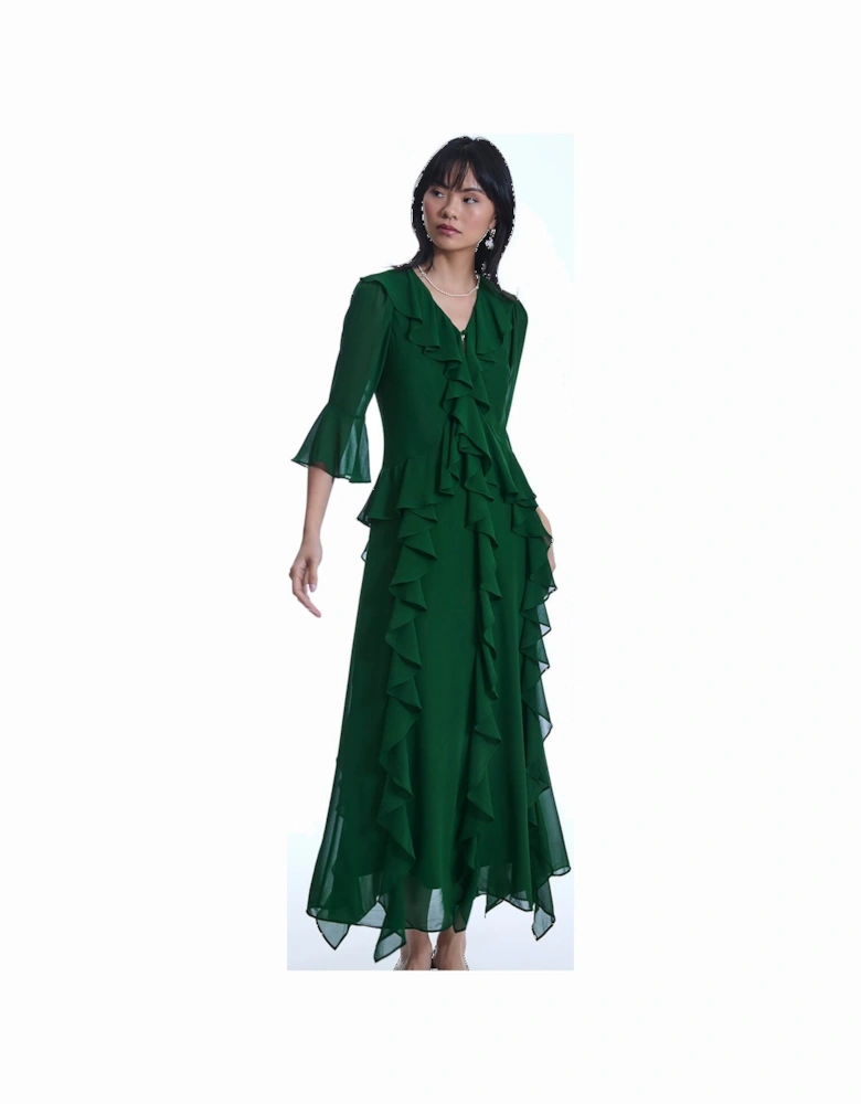 V-Neck Ruffle Green Dress