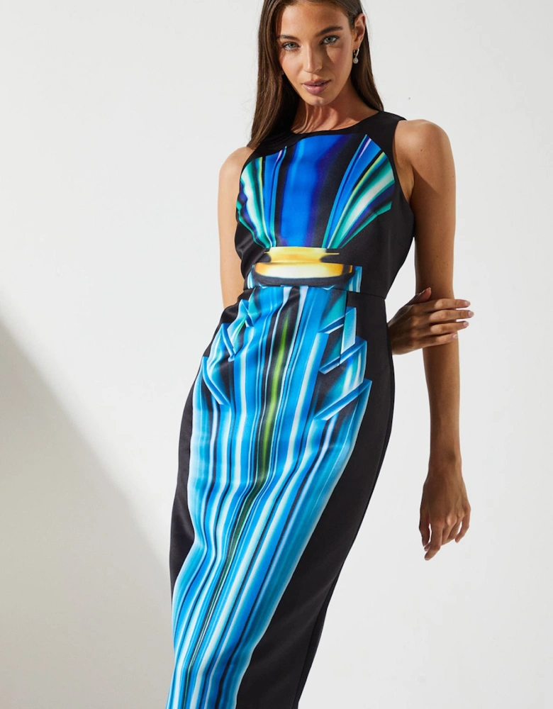 Printed Satin Pencil Midi Dress