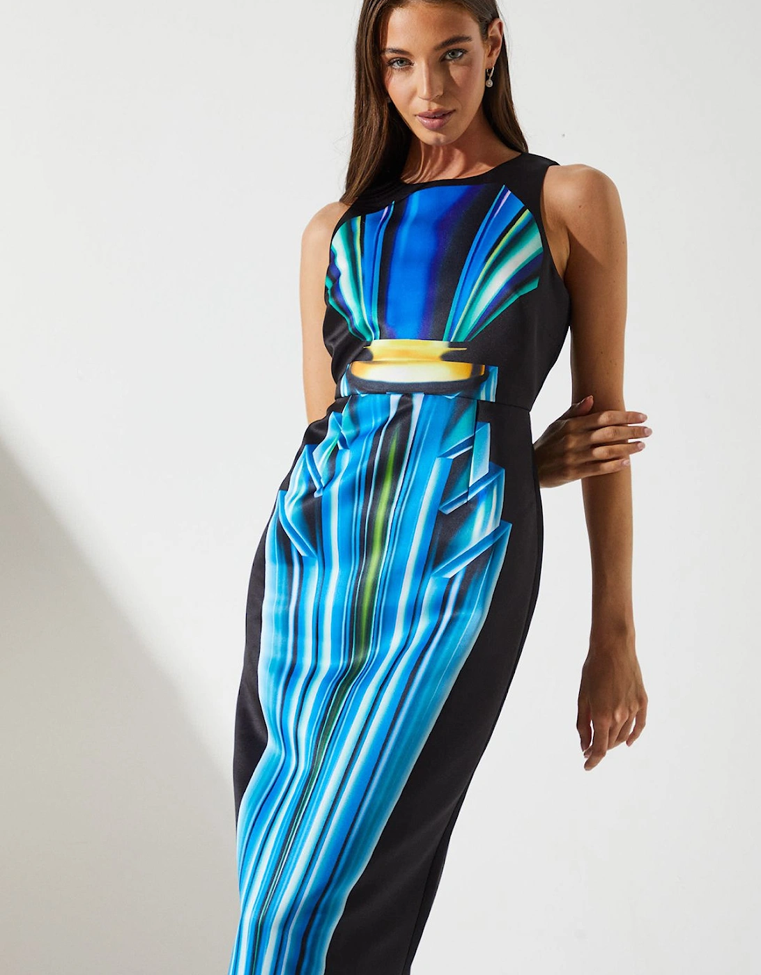 Printed Satin Pencil Midi Dress