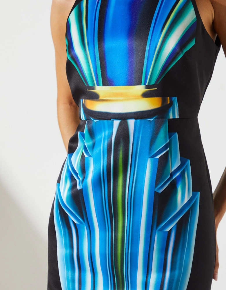 Printed Satin Pencil Midi Dress