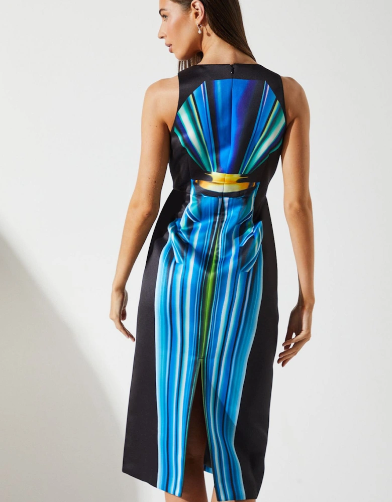 Printed Satin Pencil Midi Dress