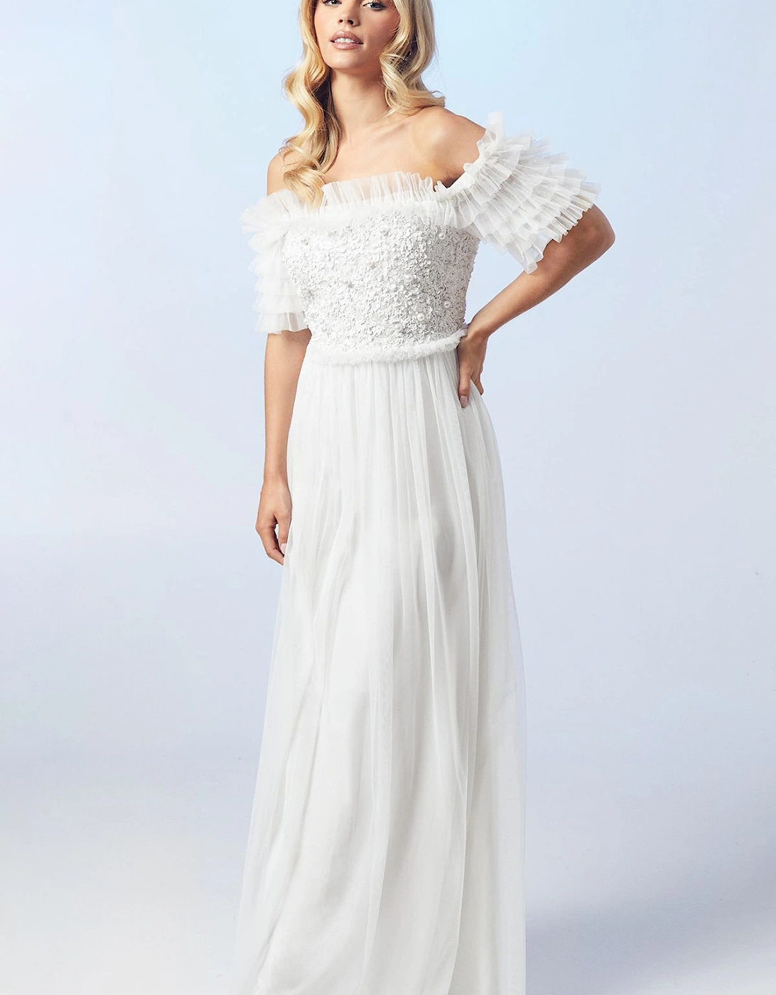 Petite Bardot Mesh And Sequin Ruffle Wedding Dress, 6 of 5