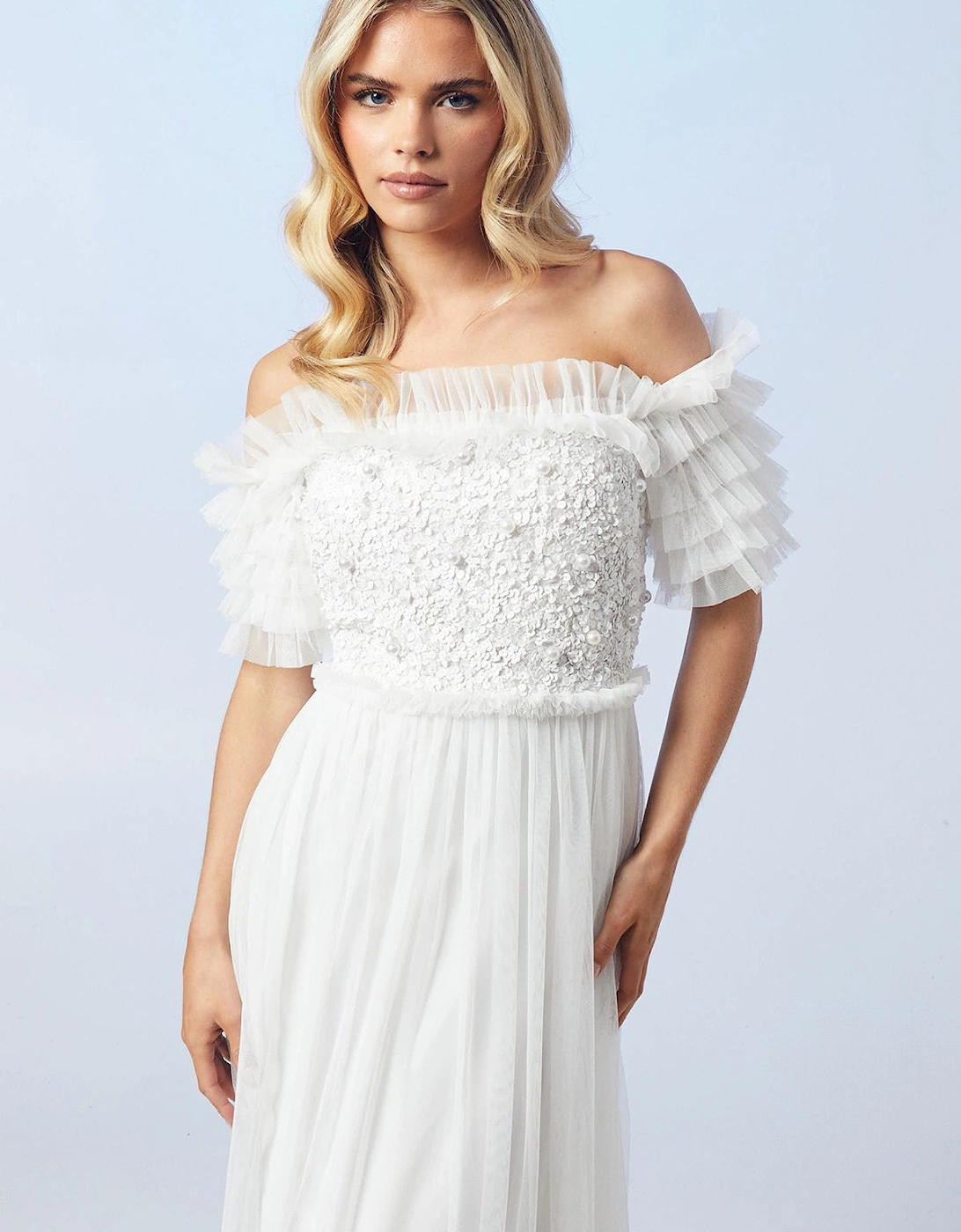 Petite Bardot Mesh And Sequin Ruffle Wedding Dress