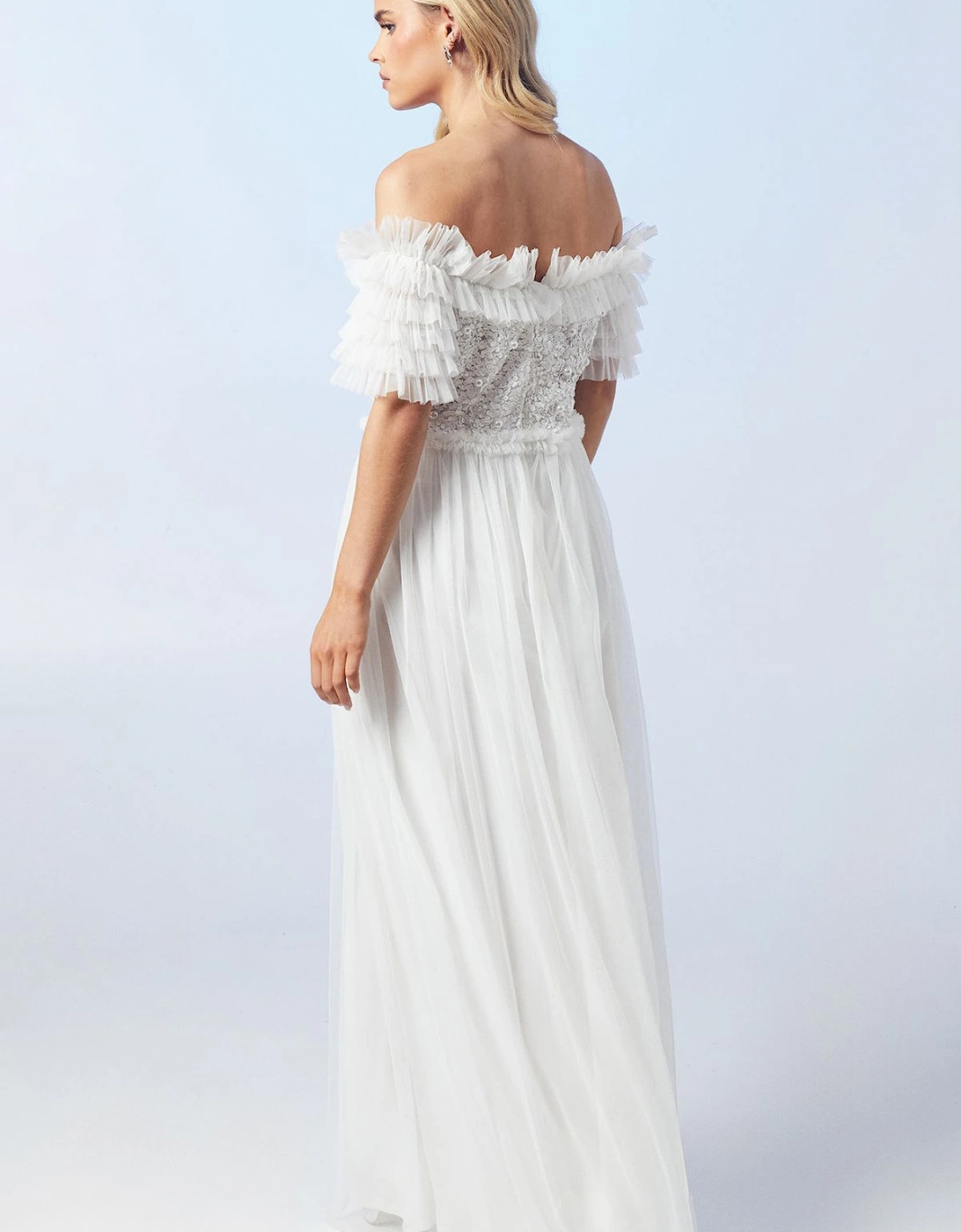 Petite Bardot Mesh And Sequin Ruffle Wedding Dress