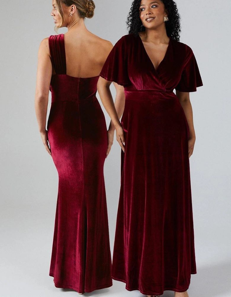 V Neck Angel Sleeve Velvet Bridesmaid Maxi Dress